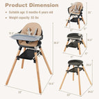 BABY JOY Baby High Chair, 6 in 1 Convertible Wooden High Chair for Babies & Toddlers with Adjustable Legs, Double Removable Tray, Safety Harness & Waterproof PU Cushion (Coffee)