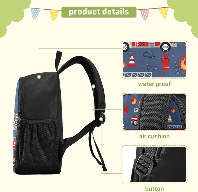 Toddler Backpack Cartoon Fire Trucks Waterproof Mini Backpack Boys/Girls Cute Small Backpack Kindergarten Pre School Bags 11 Inch