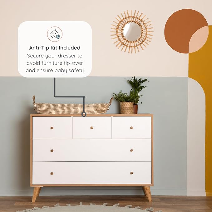 dadada Austin 5-Drawer Dresser for Nursery and Bedroom - Modern Design, Large Storage, Baby-Safe Finish, Anti-Tip Safety, Solid Wood Feet, Durable Construction (White+Natural)