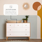 dadada Austin 5-Drawer Dresser for Nursery and Bedroom - Modern Design, Large Storage, Baby-Safe Finish, Anti-Tip Safety, Solid Wood Feet, Durable Construction (White+Natural)