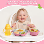 Stainless Steel Baby Plate and Bowl with Suction, Baby Bowl and Divided Kids Toddler Plate with Removable Silicone Shell, Non-Slip Toddler Baby Feeding Set, Forks + Spoons Included-Rose red