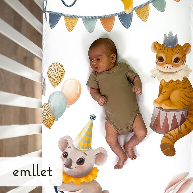 100% Cotton Fitted Crib Sheet – “Carnival Fun” Circus Theme Nursery Bedding, Colorful Baby Crib/Toddler Sheet (Standard Size)