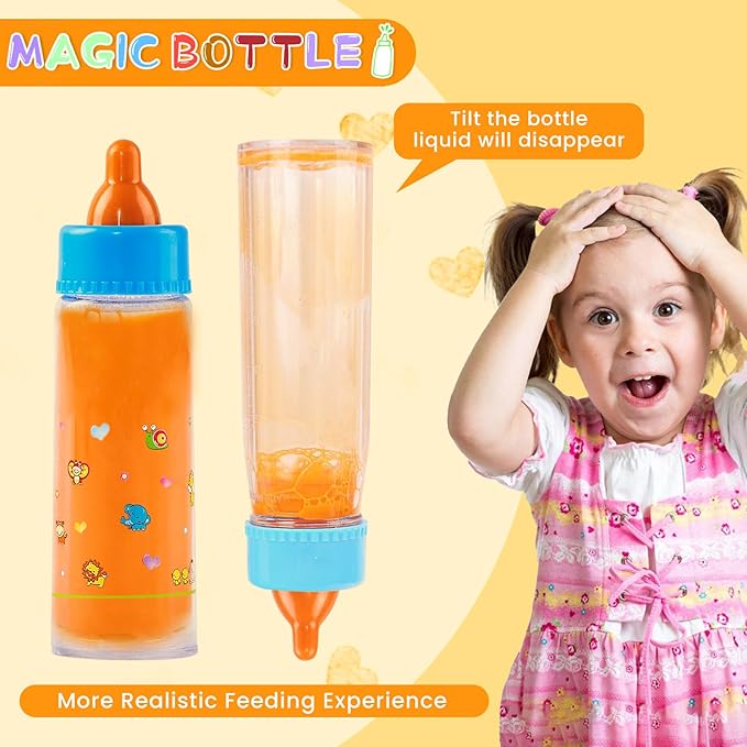 Baby Doll Bottle Accessories - 6 Pcs Feeding Bottle Toys, Magic Disappearing Milk & Juice, Pretend Play Set with Pacifiers Kids Gift Yellow