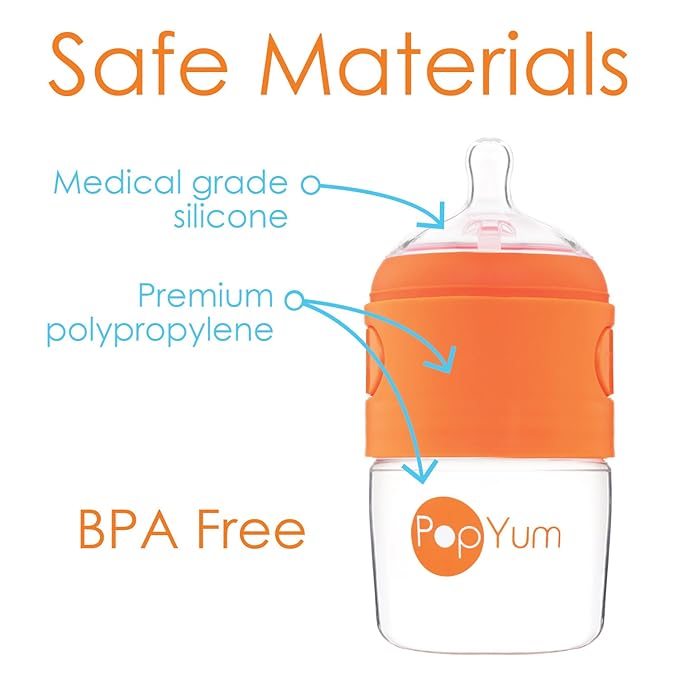 PopYum 5 oz Orange Anti-Colic Formula Making/Mixing/Dispenser Baby Bottles, 2-Pack with #1 Slow Flow Nipples, 150 ml, BPA-Free, Natural Latch