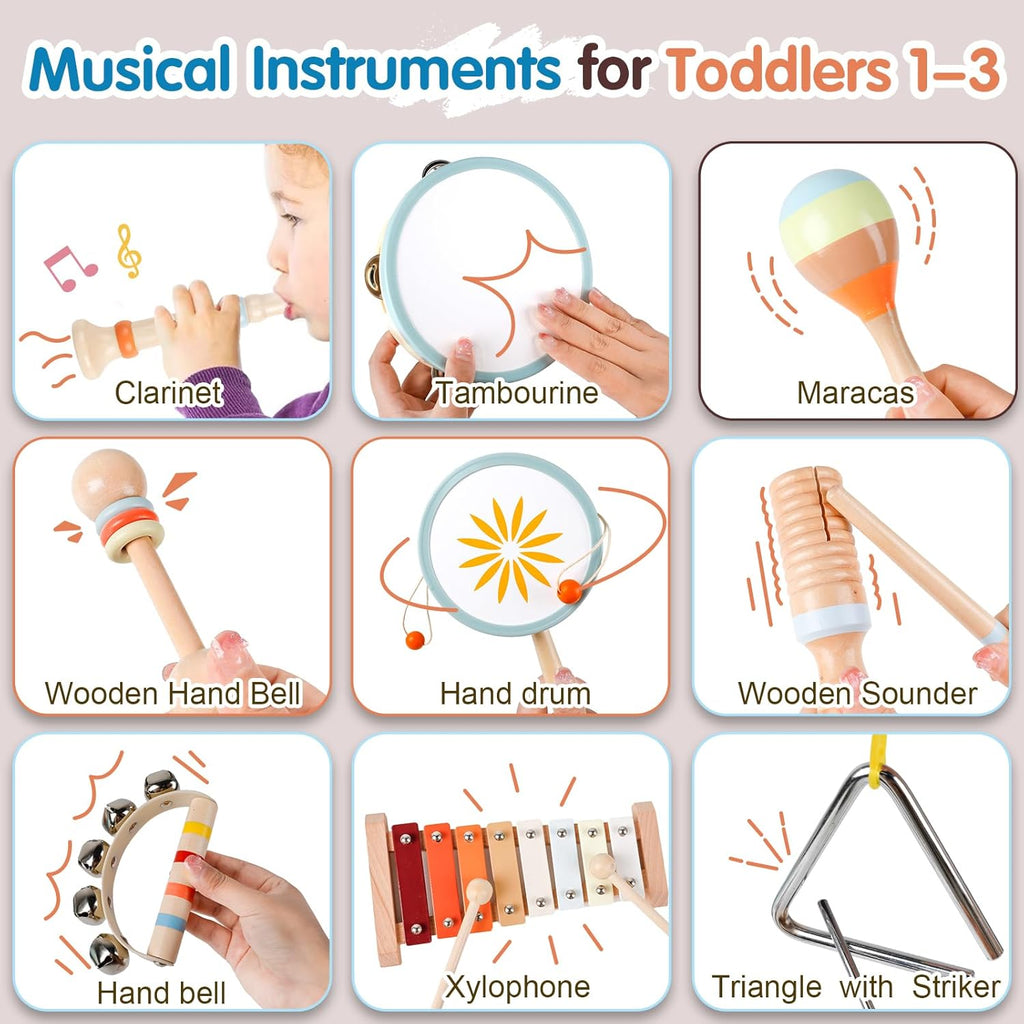 Toddler Musical Instruments-Montessori Wooden Educational Toys for Toddlers 1-3 Baby Musical Instruments Neutral Color Musical Instruments Set with Xylophone Maracas Bell Birthday Gift for Ages 1 2 3