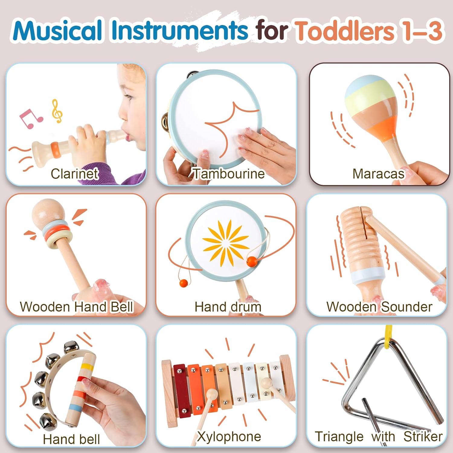 Toddler Musical Instruments-Montessori Wooden Educational Toys for Toddlers 1-3 Baby Musical Instruments Neutral Color Musical Instruments Set with Xylophone Maracas Bell Birthday Gift for Ages 1 2 3