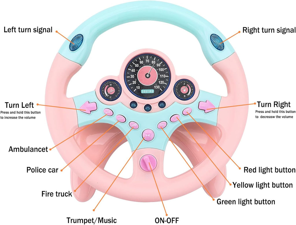 deAO Kids Steering Wheel for Backseat with Key Baby Toys Pretend Driving Simulated Steering Wheel Toy with Light and Music Gifts for Kids Toddlers (Pink)