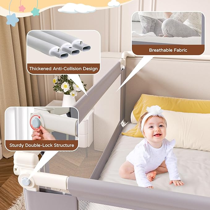 3-Piece Twin Size Bed Rail for Toddlers - Adjustable Baby Bed Rail Guard, Kids Safety Bed Rail for Twin Size Bed (74.8"x74.8"x39"-Purple)