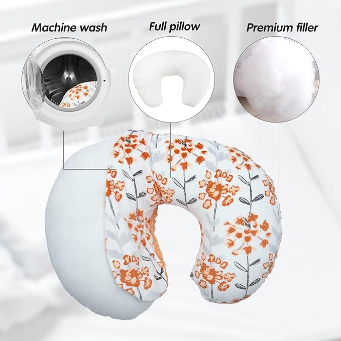 LAT Nursing Pillow for Breastfeeding with Removable Minky Cover,Ergonomic Breast Feeding Pillows for Mom and Baby,Machine Washable(Flowers+Orange)