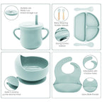 100% Silicone Baby Feeding Set,BPA Free Baby Dishes Set with Suction Bowl Divided Plate,Toddler Self Feeding Dish Set with Spoons Forks Sippy Cup and Bib, Baby Eating Utensils(Light Blue)