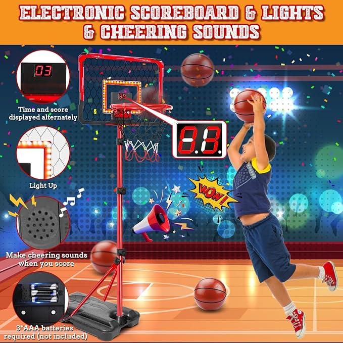 Meland Kids Basketball Hoop, 2-in-1 Adjustable Toddler Basketball Hoop with Electronic Scoreboard Indoor Outdoor Toys for Kids Toddlers Outside Toys for Boys Age 3 4 5 6 7 8