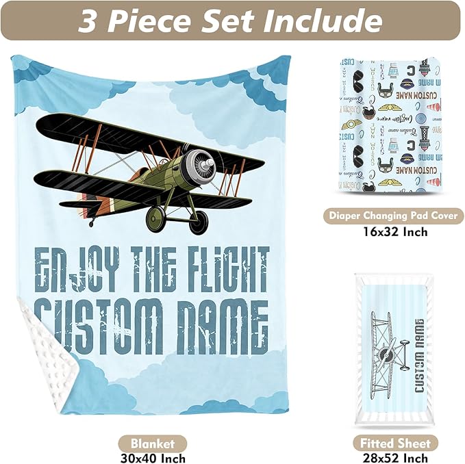 Personalized Baby Crib Bedding Set, Custom Name Blue Glider Theme Nursery Bedding Set 3 Pcs, Baby Blanket Fitted Crib Sheet Changing Pad Cover, Personalized Nursery Decor Gift for Newborns Boys