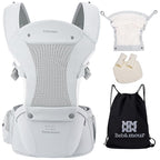 Bebamour Baby Carrier with Hip Seat,All-Position Breathable Mesh Hip Seat & Carrier 0-36Months with Head Hood, 3 PCS Teething Pads, Waist Extender,Storage Bag & Pacifier Case (Grey)