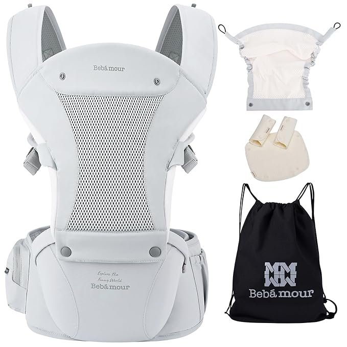 Bebamour Baby Carrier with Hip Seat,All-Position Breathable Mesh Hip Seat & Carrier 0-36Months with Head Hood, 3 PCS Teething Pads, Waist Extender,Storage Bag & Pacifier Case (Grey)