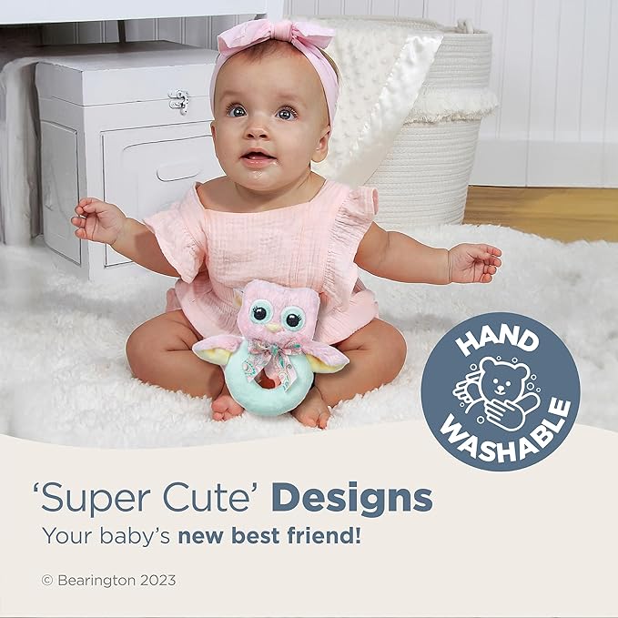 Bearington Baby Lil' Hoots Plush Stuffed Animal Pink Owl Soft Ring Rattle - 5.8" Baby Rattle Newborn Toy