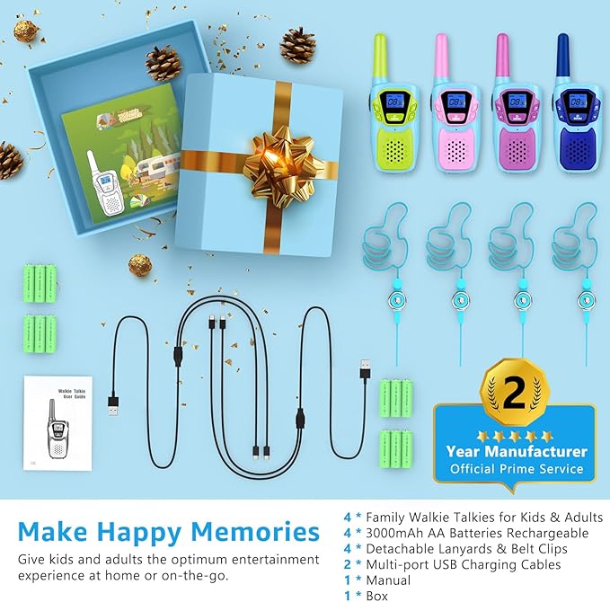 Walkie Talkies for Kids Long Range Walkie-Talkie for Adults Rechargeable 4 Pack with Lanyard 4 Miles NOAA USB, Family Pink 2 Way Radio Toys for 3-12 Year Old Boys Girls Toddlers Camping Skiing