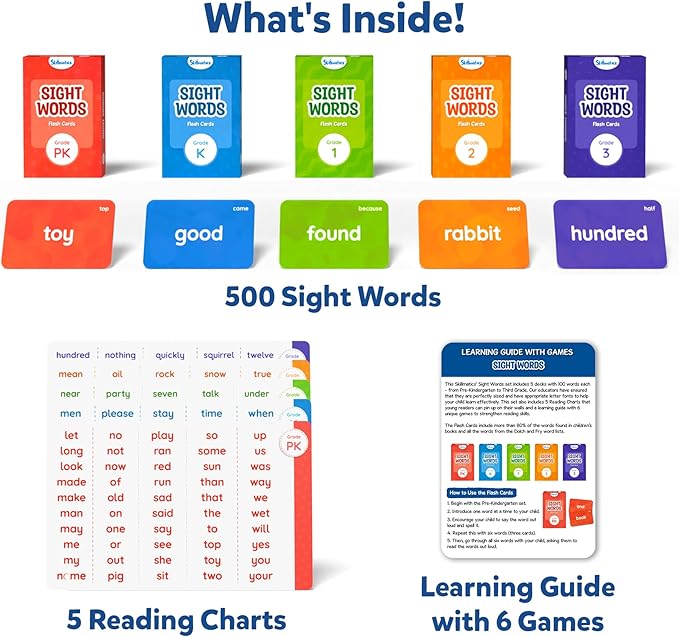 Skillmatics Flash Cards - 500 Sight Words for Preschool (Pre-K), Kindergarten, 1st, 2nd, 3rd Grade Gifts, Includes The Dolch & Fry Word List & 6 Unique Games