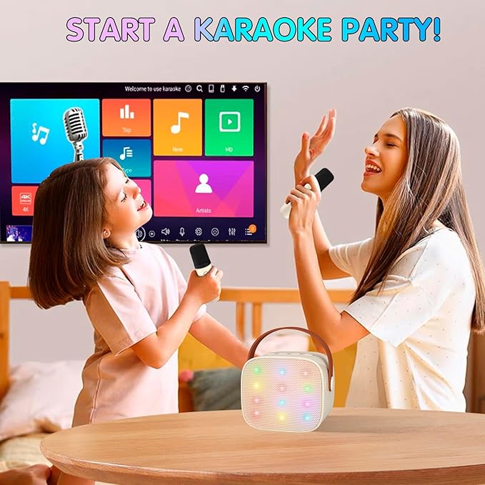 YLL Mini Karaoke Machine with 2 Wireless Microphones for Kids Adults, Portable Bluetooth Speaker Gift for Girls Toys 4, 5, 6, 7, 8, 10, 12+ Years Old Teens Birthday(Beige)