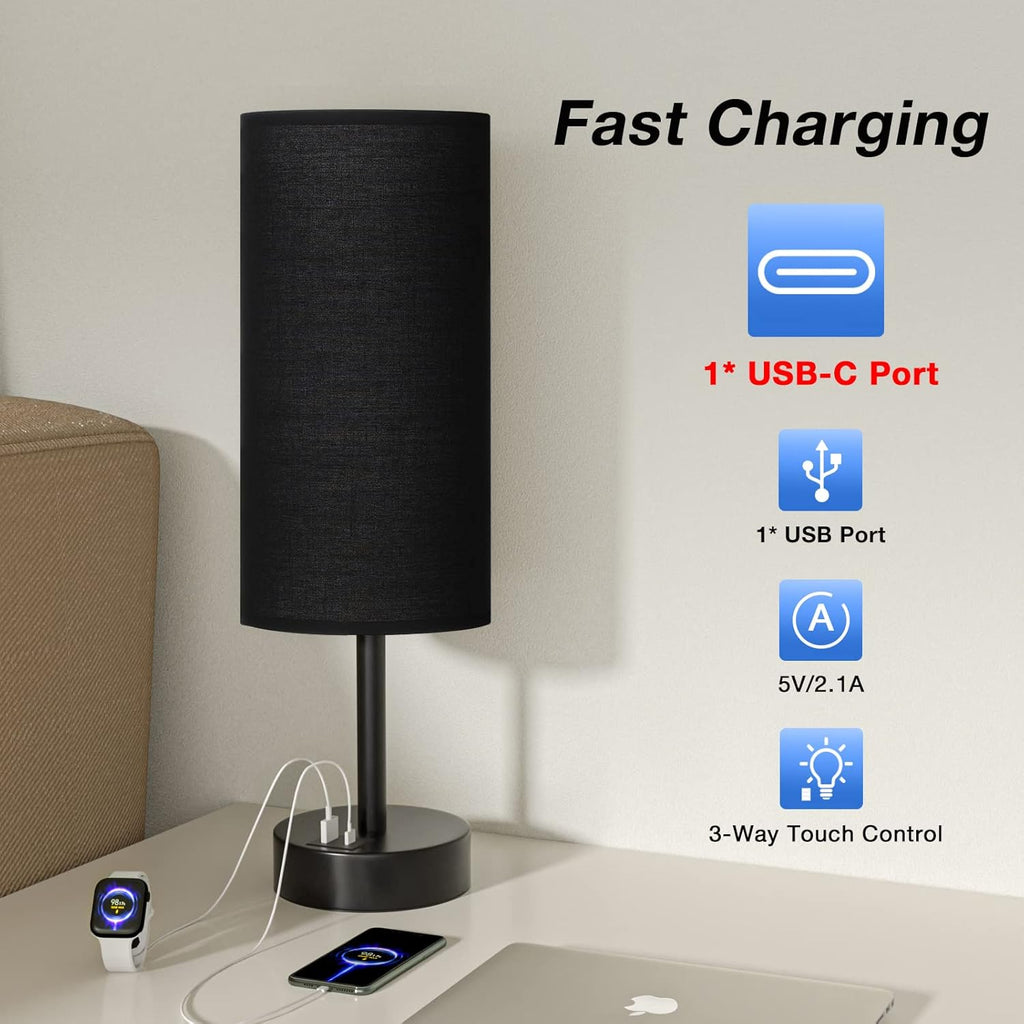 Black Touch Nightstand Lamps for Girl - Small Bedside Lamp with USB-C and USB Charging Ports, 3 Way Dimmable Control Table Lamp for Living Room Office, Dorm, Reading with Fabric Shade Black Base