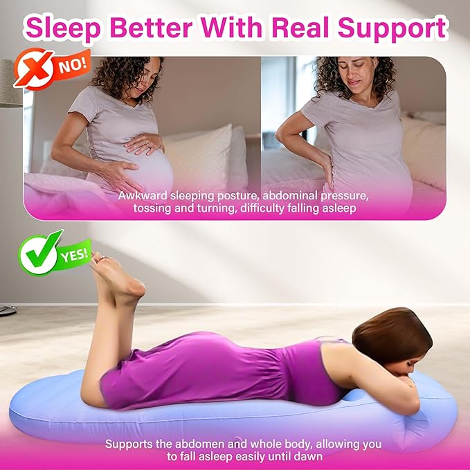 Inflatable Pregnancy Pillow with Belly & Head Hole – Full Body Maternity Airbed for Stomach Sleeping, Back Pain & SPD Relief – Comfortable, Portable & Includes Electric Pump Blue