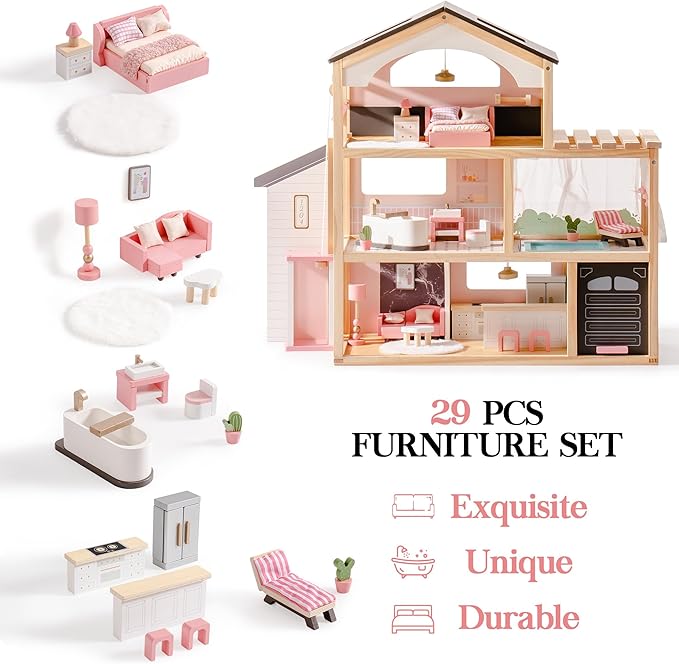 ROBOTIME Wooden Dollhouse, Doll House with 29 Pieces Furniture Set - Pool and Elevator, Wooden Doll House for 4, 5, 6-Inch Dolls, 6 Rooms Pink Dollhouse Gift for Kids Girls Ages 3+ (Black)