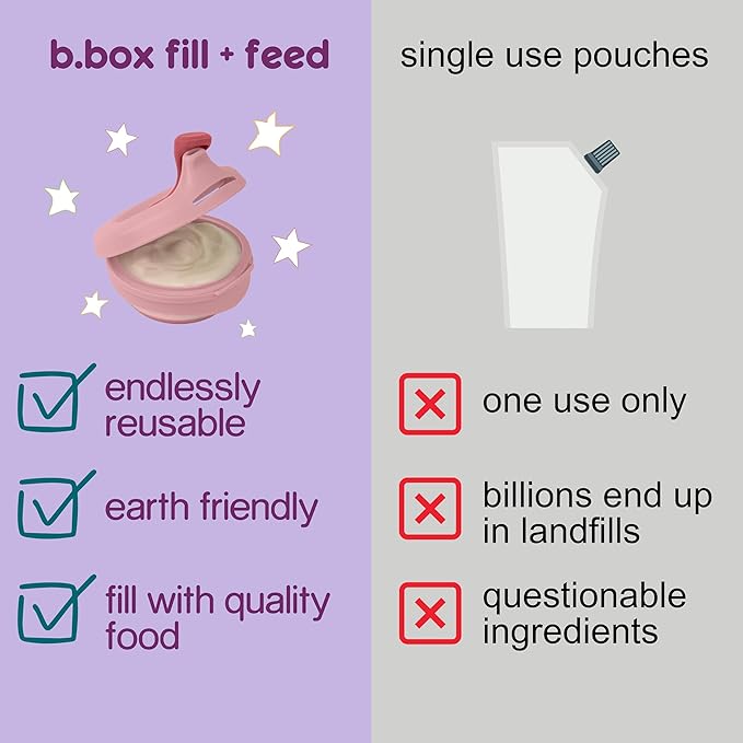 b.box Fill + Feed (Blush) | Reusable Baby Food Pouch | For Babies & Toddlers 4m+ | Silicone/Nylon Pouch, BPA-Free Lid | Dishwasher & Microwave Safe | 110mL (3.7oz, ½ Cup) Capacity