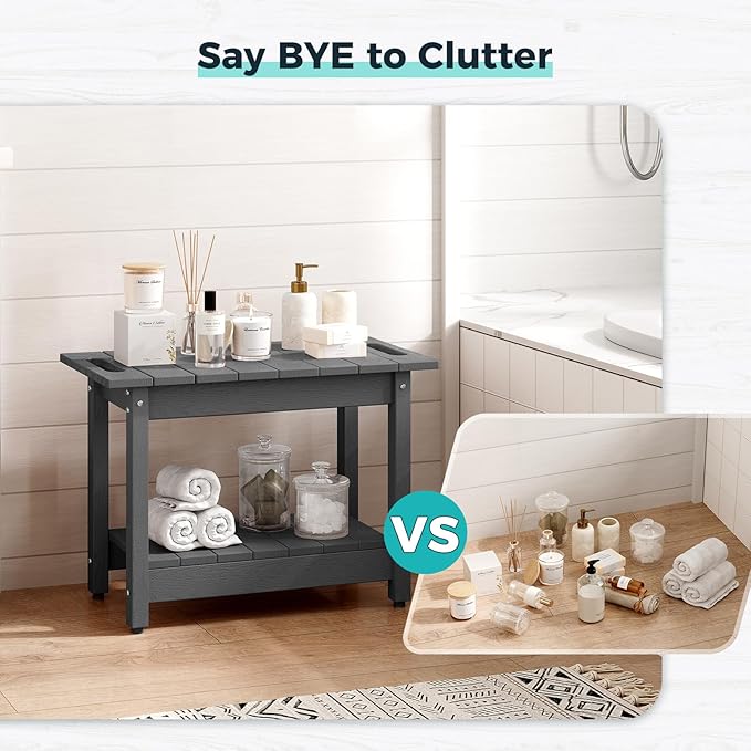 Waterproof Shower Bench, 24" Poly Lumber Shower Stool for Shaving Legs, Shower Chair Seat with Storage Shelf and Handles, Bathroom Bench for Inside Shower, Non-Slip (Grey)