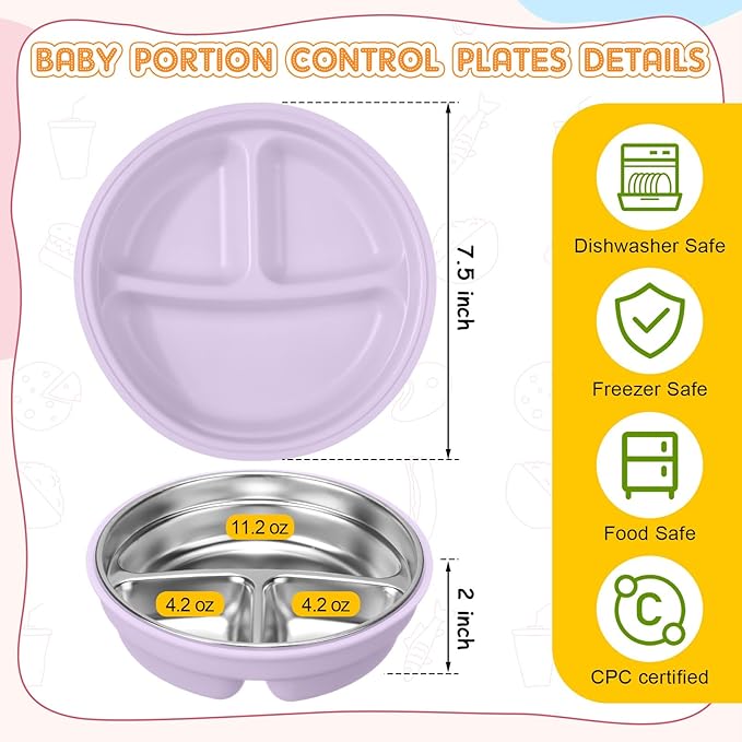 Nuogo 4 Pcs Stainless Steel Baby Suction Plates with Removable Silicone Shell 2-in-1 Metal Toddler Bowl Divided for Picky Eaters Kid Feeding Led Weaning Supply, Dishwasher Safe (Macaron Series)
