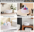 Empty Gift Basket Mini Woven Rope Organizer Baskets for Baby Shower, Vanity, Makeup, Bathroom, Tiny Toys, Desk - Small Decorative Storage Bins - Set of 2, Pre-Shaped, White