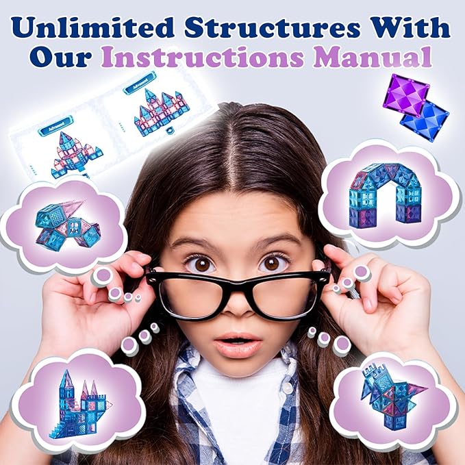 Little Pi 102pcs Frozen Princess Castle Magnetic Tiles Building Blocks - 3D Diamond Blocks, STEM Educational Toddler Toys for Pretend Play, 4 Year Old Girl Birthday Gifts Kids Ages 3 5 6 7 8 - Blue