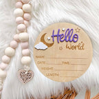 Baby Announcement Sign, 5.9 Inch Wooden Hello World Newborn Signs, Birth Announcement Sign and Pen, Moon and White Cloud Decoration, Welcome Newborn Arrival to World, Hospital Nursery for baby (Purple)