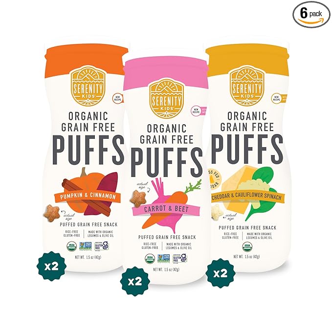 Serenity Kids 6+ Months Baby Puffs - Pack of 6, 1.5 oz, Variety Pack- USDA Organic Grain Free Toddler Food - Nut, Rice & Gluten Free Baby Snacks with Veggies, Legumes & Olive Oil