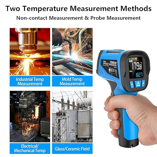 Infrared Thermometer Temperature Gun, -40℉~2462℉, 30:1 Pyrometer High Temp Thermometer with K-Probe, Non-Contact Digital IR Laser Thermometer Temp Gun for Cooking, Engine, Kiln, Forging, HVAC