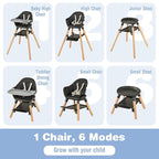 BABY JOY Baby High Chair, 6 in 1 Convertible Wooden High Chair for Babies & Toddlers with Adjustable Legs, Double Removable Tray, Safety Harness & Waterproof PU Cushion (Black)
