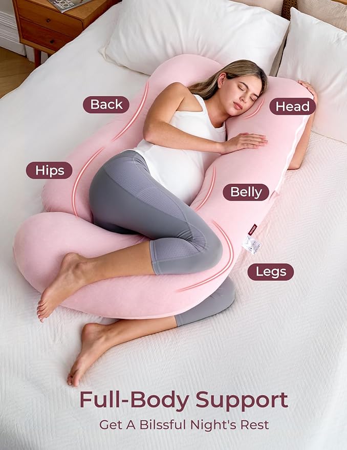 Momcozy Pregnancy Pillows for Sleeping, U Shaped Full Body Maternity Pillow for Side Sleeping - Support for Back, Legs, Belly, HIPS, 57 Inch, Pink