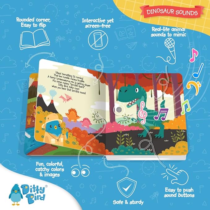 Ditty Bird Dinosaur Book for Toddlers | Realistic Dino Sound Book | Interactive T-Rex Board Books for Toddlers 1-3 | Sensory, Musical Books for Dino Lovers | Sturdy Nursery Rhyme Toys for Baby