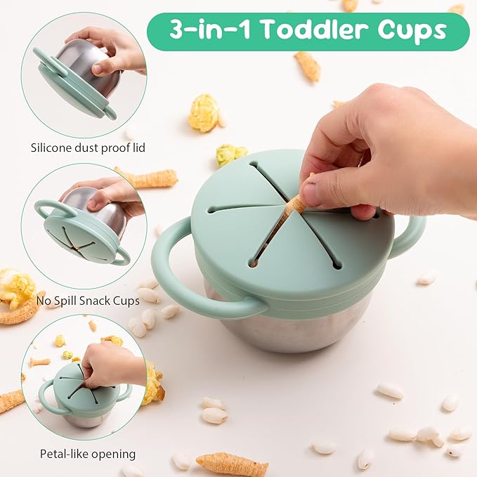 1 Pack Snack Containers for Toddlers, Stainless Steel Toddler Snack Cups with Silicone Food Catcher & Lids,Snack Cups for toddlers Spill Proof