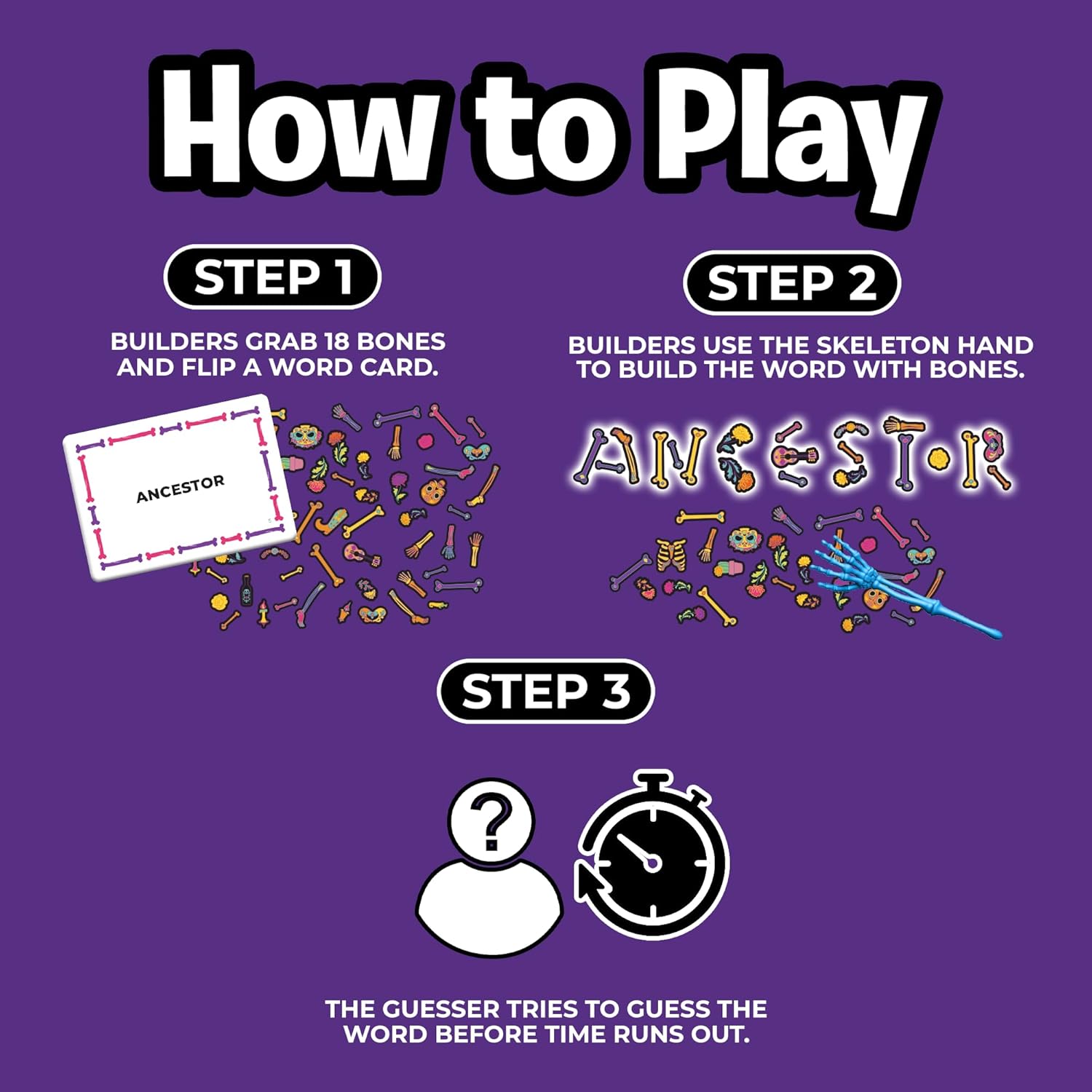 Skelegrams by Uzzle Games – Spell Words with Bone Pieces in This Fast, Cooperative Party Game for Families - Ages 8+, Spelling & Word Game for 3–6 Players