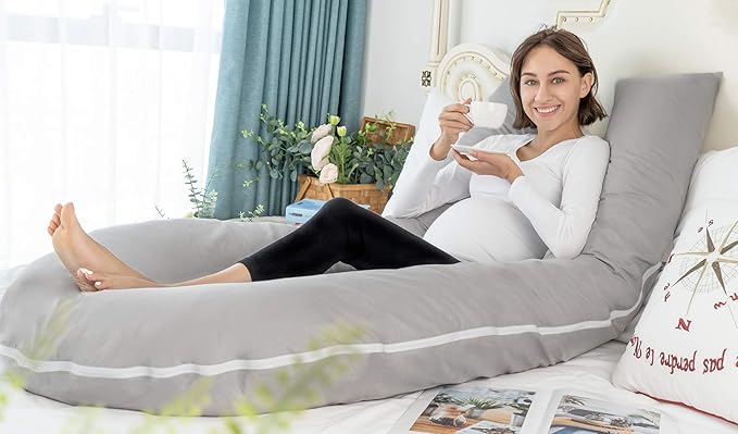 Meiz Pregnancy Pillows for Sleeping, Full Body Pregnancy Pillow with 300TC Comfy Pillowcase & Microfiber Inner Cover- for Back Support - 65 Inch (Grey)