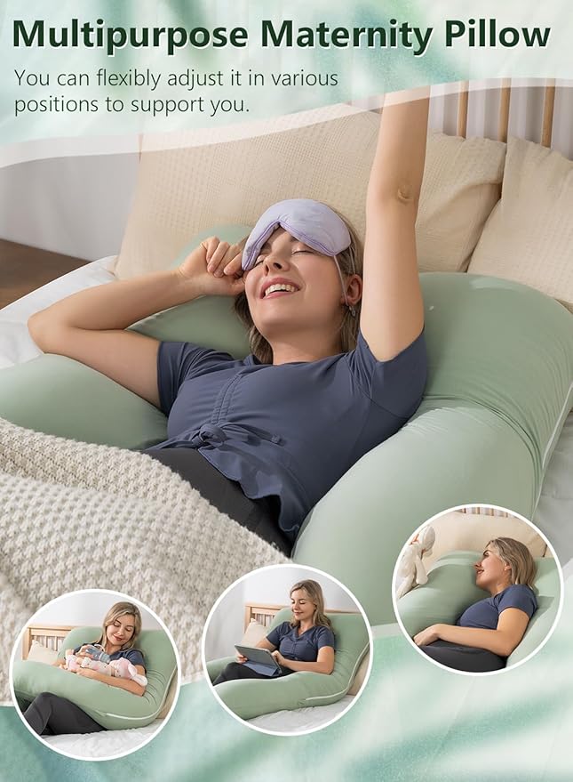Meiz Pregnancy Pillows for Sleeping, Cooling Pregnancy Pillows, 60Inch Maternity Pillows, U Shaped Full Body Pillows for Adults with Rayon Cover from Bamboo, Sage Green