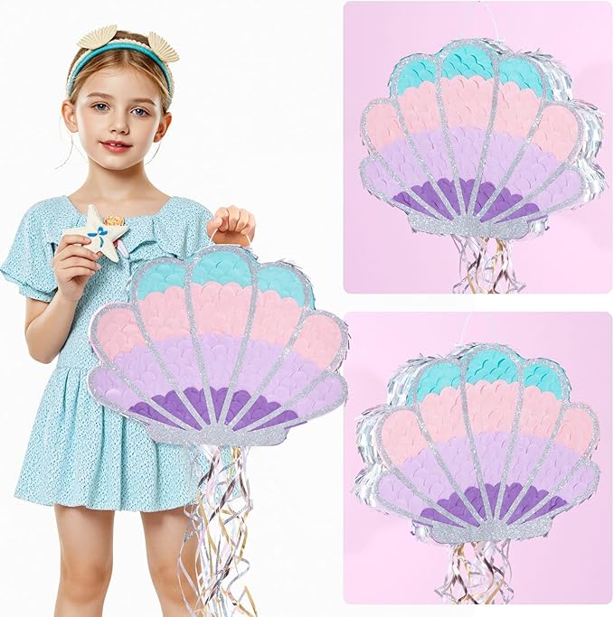 Wernnsai Mermaid Seashell Piñata - Pink Shellfish Pinatas for Kids Girls Birthday Mermaid Princess Party Decorations Under The Sea Ocean Theme Party Games With Bat Blindfold 16“ x 12.5" x 3"
