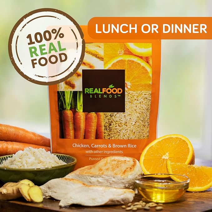Real Food Blends Chicken, Carrots & Brown Rice - Pureed Food Meals for Tube Feeding with Protein, Vegetables & Fruits - 340 Calories for Lunch & Dinner - 9.4 oz (Pack of 12)