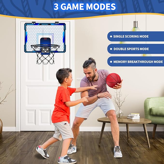 Remote Control Basketball Hoop Indoor with 7 LED Lighting, Mini Basketball Hoop with Electronic Scoreboard, 3 Modes, Over Door Basketball Hoop, Basketball Toys Sport Gifts for Kids, Adults (Blue)