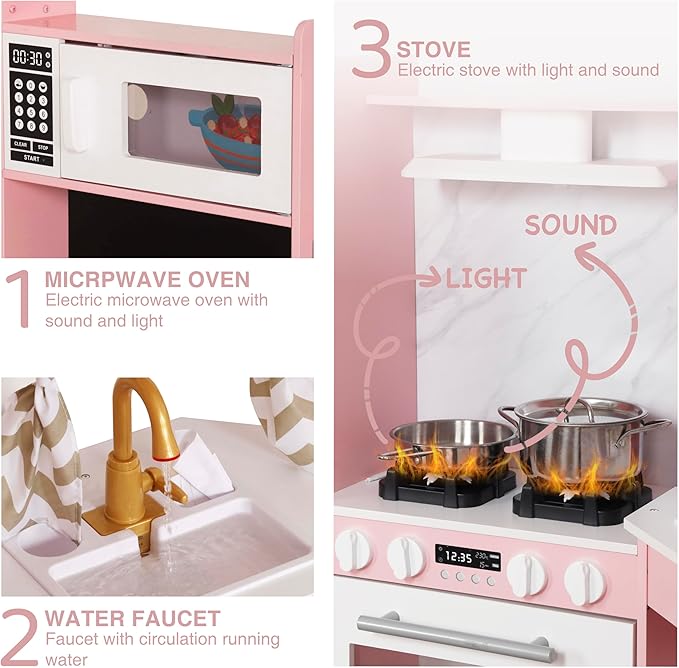Large Wooden Corner Play Kitchen Sets with Ice Maker,Water Dispenser,Bread Maker,Washing Machine,Electronic Display,Toy Sink with Running Water,Stove with Light&Sounds, Birthday Gift for 3+ (Pink)