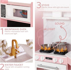 Large Wooden Corner Play Kitchen Sets with Ice Maker,Water Dispenser,Bread Maker,Washing Machine,Electronic Display,Toy Sink with Running Water,Stove with Light&Sounds, Birthday Gift for 3+ (Pink)