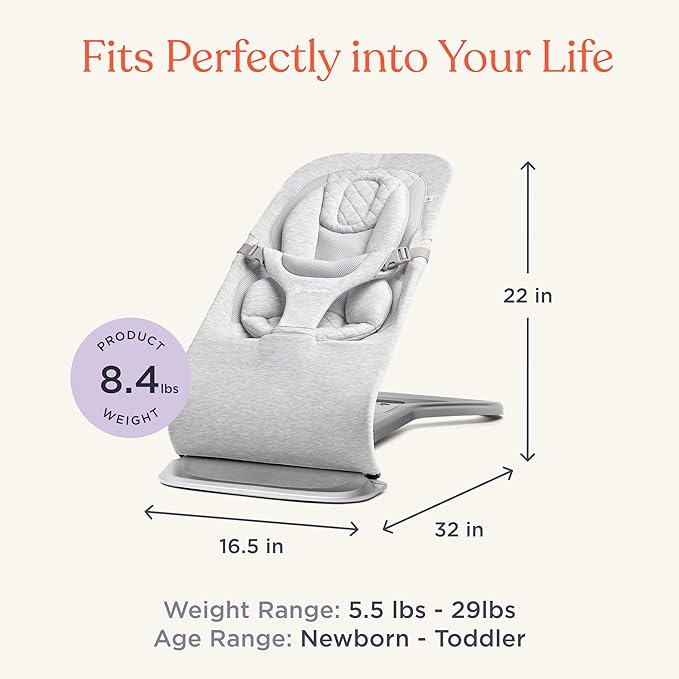 Ergobaby Evolve 3-in-1 Bouncer, Adjustable Multi Position Baby Bouncer Seat, Fits Newborn to Toddler, Light Grey