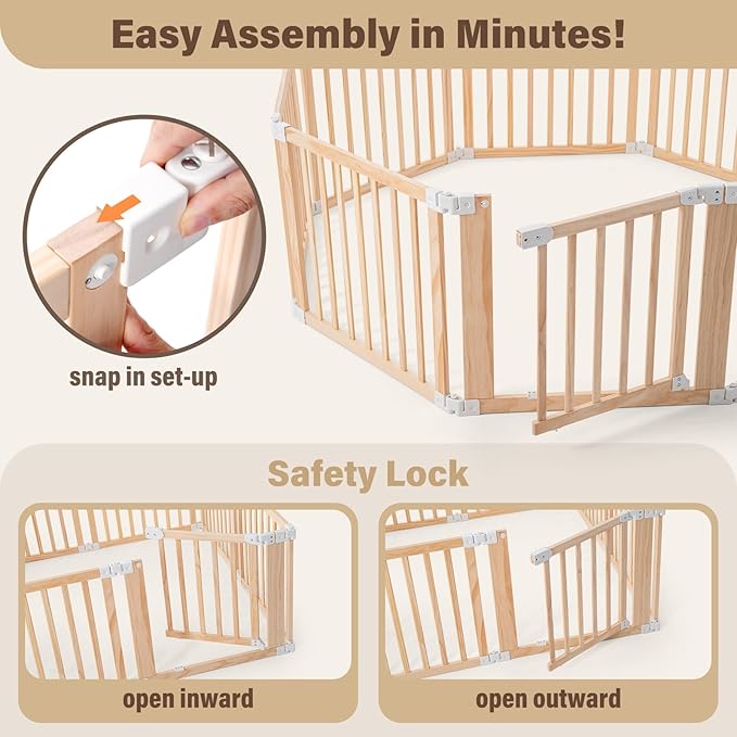 Foldable Wooden Playpen,Large Baby Gate Playpen with Child-Proof Lock-Easy Assembly, Portable Design for Babies & Toddlers- Shape& Size Adjustable Baby Fence Play Area(Wood, 6 Panel)