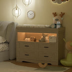 Baby Changing Table with Changing Table Top for Infants Nursery Dresser Chest with 4 Drawers Storage Changing Station Dresser with LED Light Diaper Changing Station Nursery Organizer,Beige