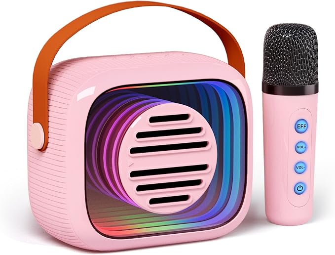 YF93 Kids Karaoke Machine with 7 Voice Effects, Bluetooth & Colorful LED Lights – Portable Singing Toy with Pro, Monster, KTV Modes for Home Parties（Pink）