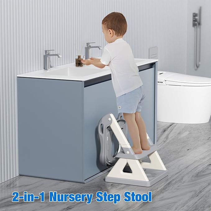Potty Training Seat with Step Stool Ladder, Upgrade Triangular Stabilized Base 2-IN-1 Toddler Toilet Seat with Splash Guard, Anti-Slip Pad, and Step Stool (Agate Grey)